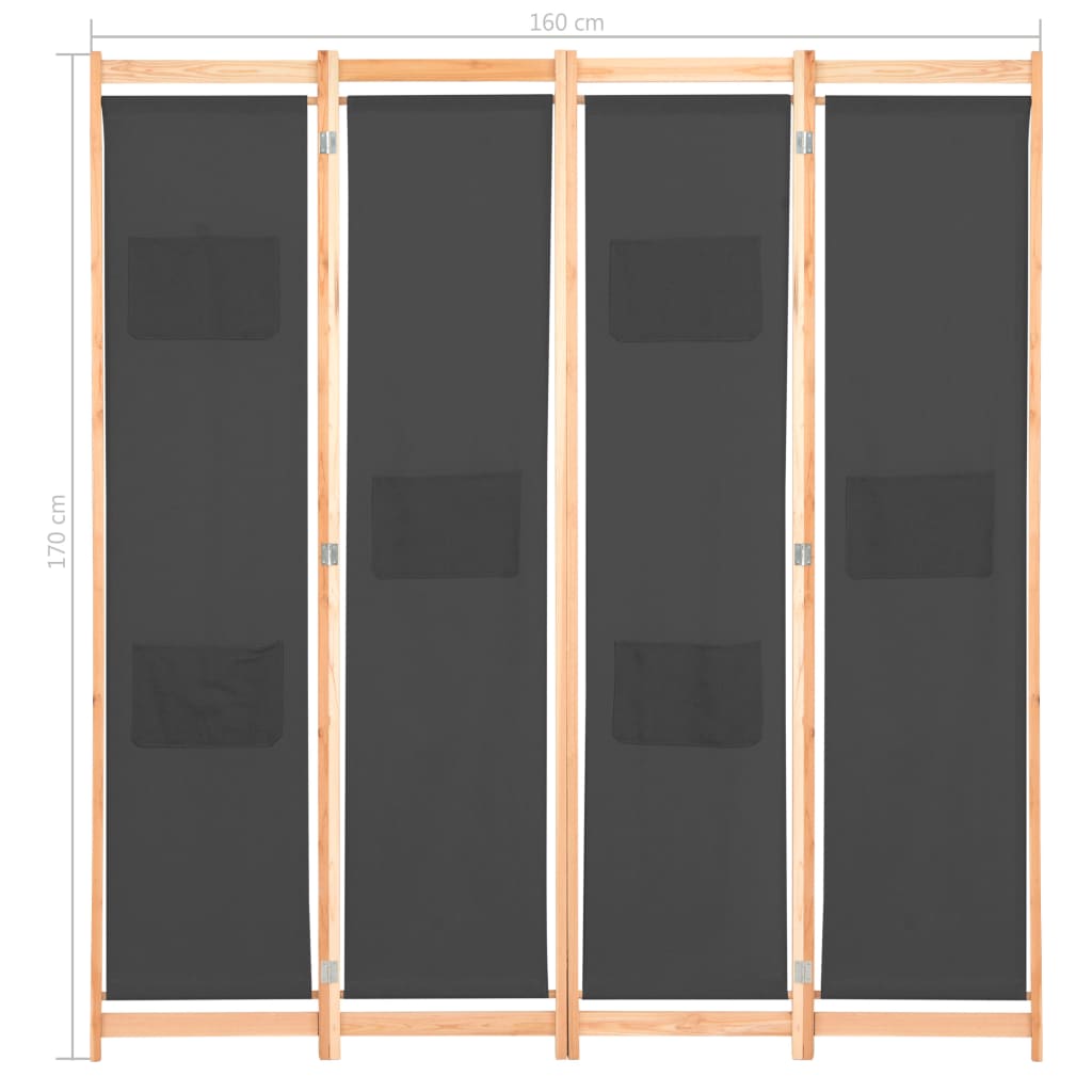 vidaXL Divisorio a 4 Pannelli Grigio 160x170x4 cm in Tessuto