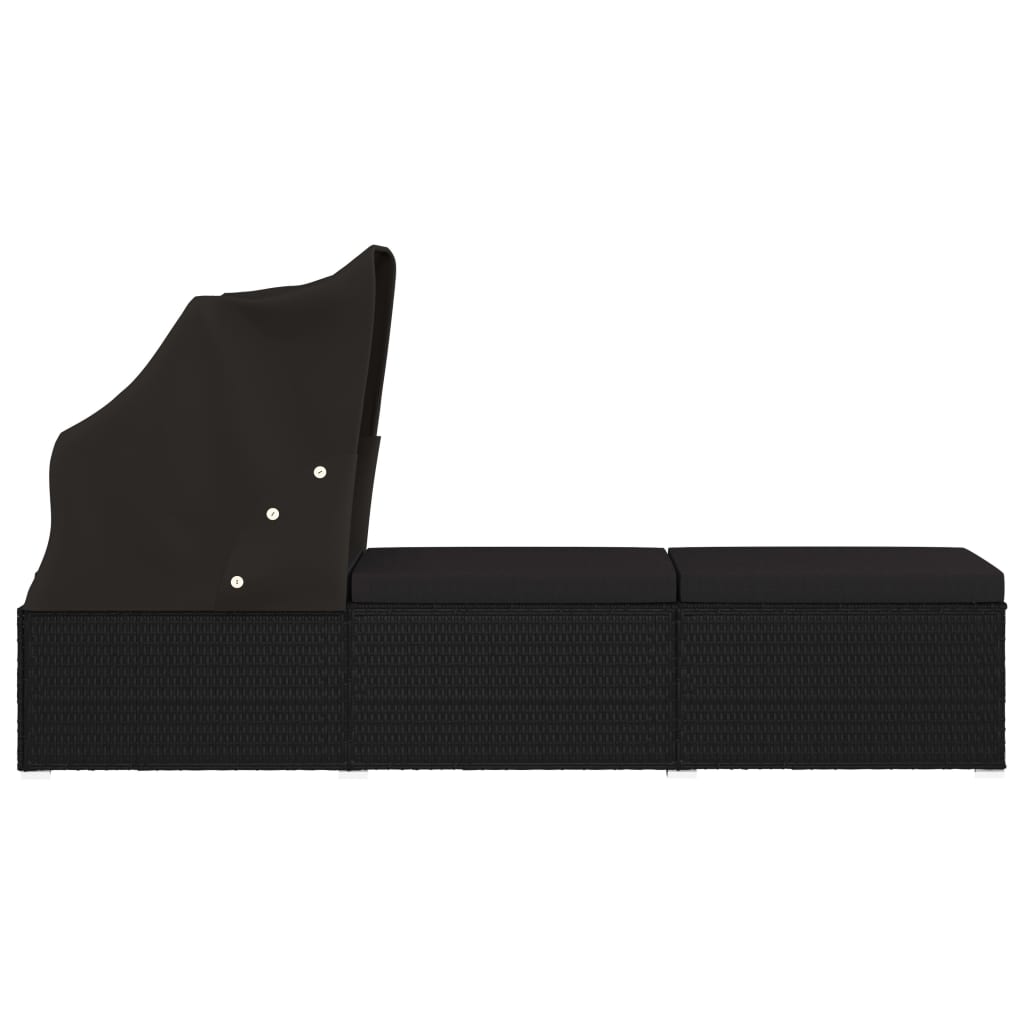 vidaXL Lettino Prendisole con Tettuccio e Cuscino in Polyrattan Nero