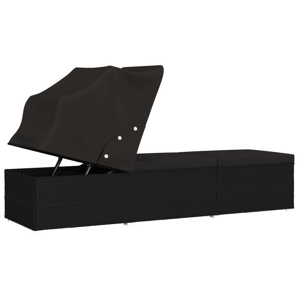 vidaXL Lettino Prendisole con Tettuccio e Cuscino in Polyrattan Nero