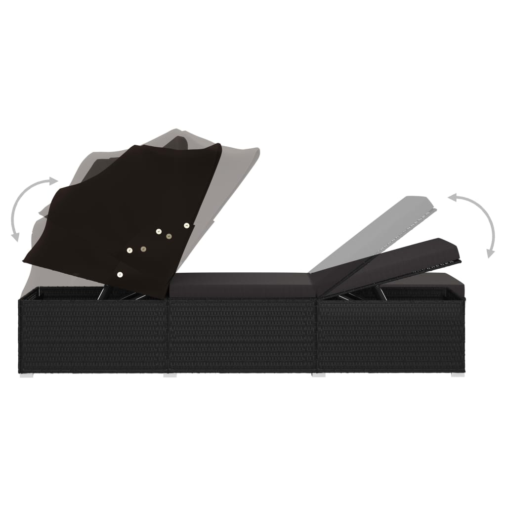 vidaXL Lettino Prendisole con Tettuccio e Cuscino in Polyrattan Nero