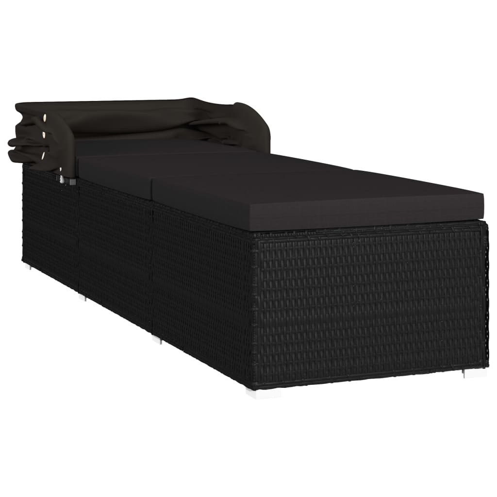 vidaXL Lettino Prendisole con Tettuccio e Cuscino in Polyrattan Nero