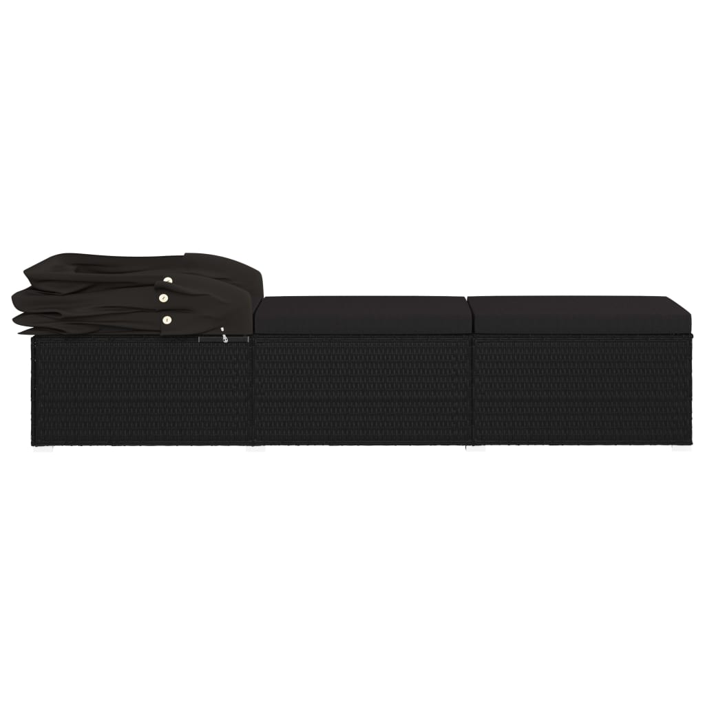 vidaXL Lettino Prendisole con Tettuccio e Cuscino in Polyrattan Nero