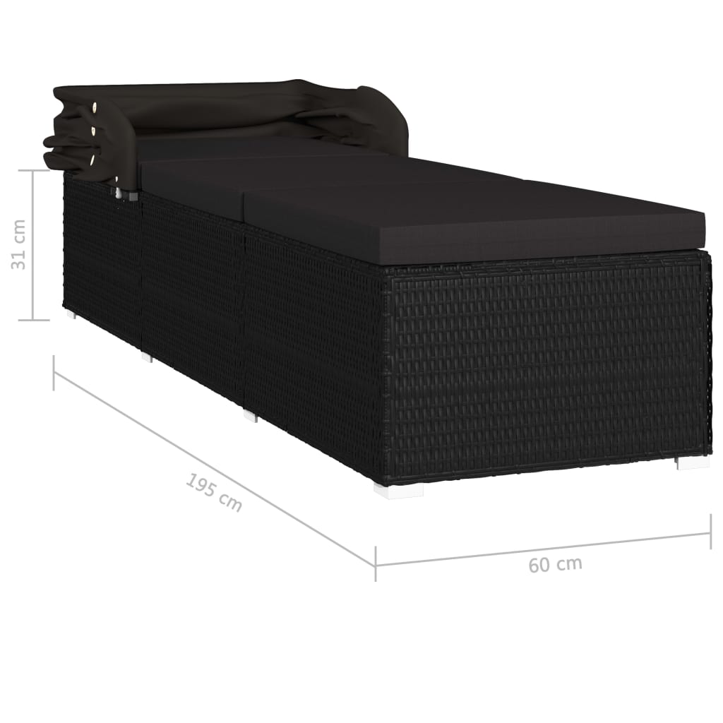 vidaXL Lettino Prendisole con Tettuccio e Cuscino in Polyrattan Nero