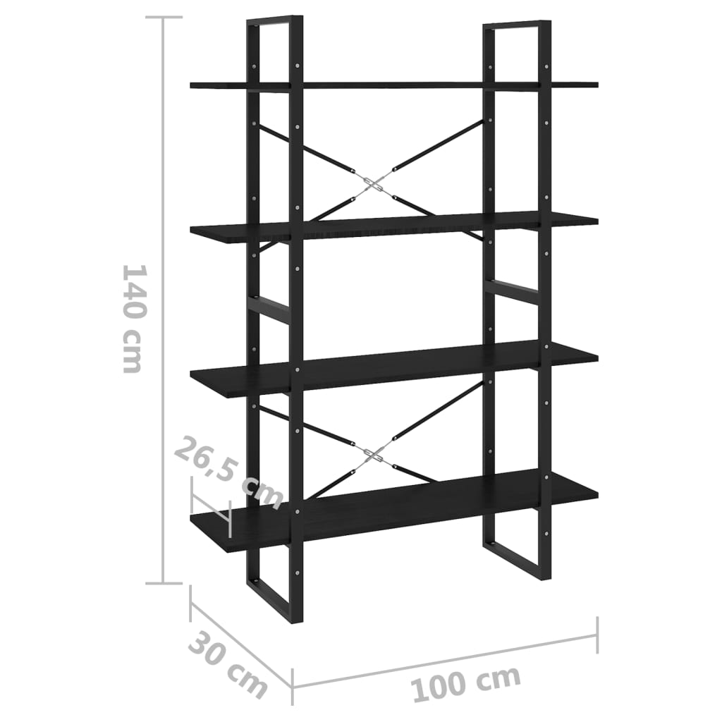 vidaXL Libreria a 4 Ripiani Nera 100x30x140 cm in Massello di Pino