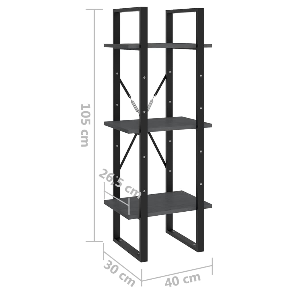 vidaXL Libreria a 3 Ripiani Grigia 40x30x105 cm in Massello di Pino