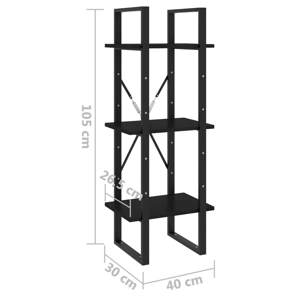 vidaXL Libreria a 3 Ripiani Nera 40x30x105 cm Legno Massello di Pino