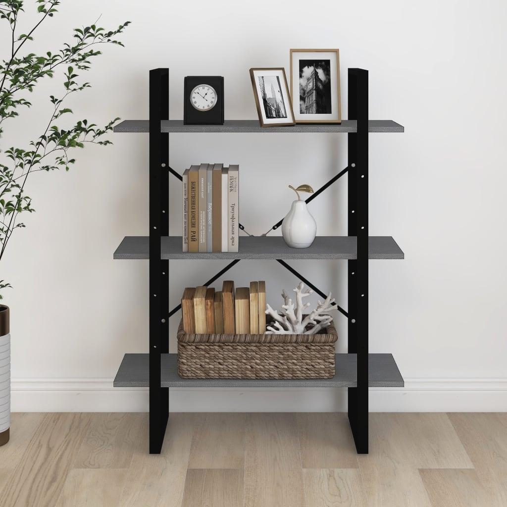 vidaXL Libreria a 3 Ripiani Grigia 80x30x105 cm in Massello di Pino