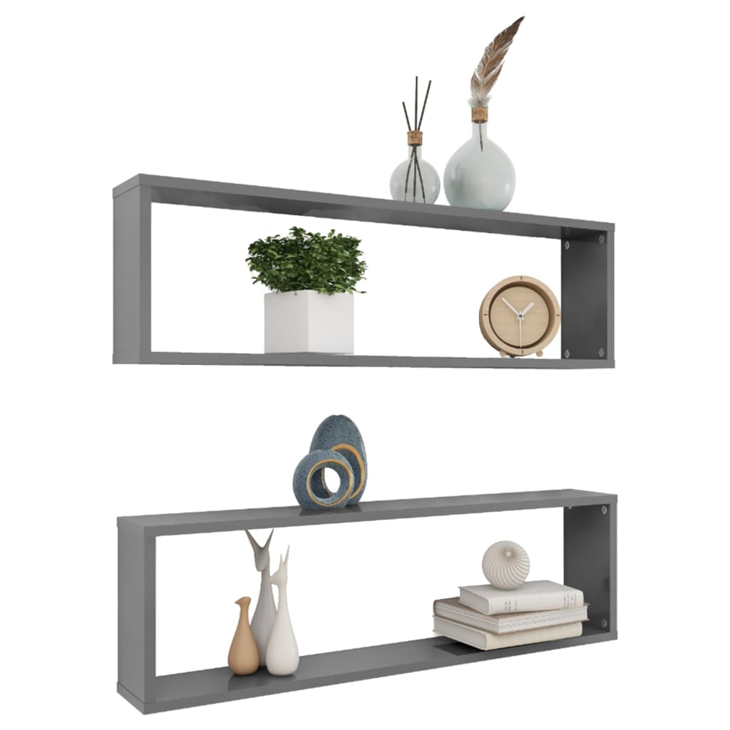 vidaXL Mensole Parete a Cubo 2pz Grigio Lucido 100x15x30cm Multistrato