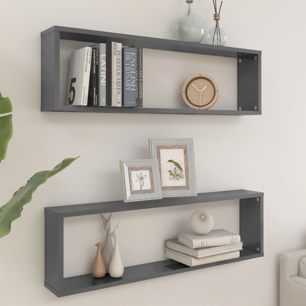 vidaXL Mensole Parete a Cubo 2pz Grigio Lucido 100x15x30cm Multistrato