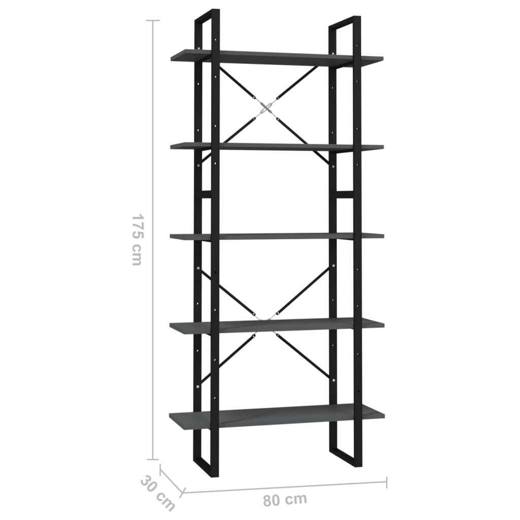 vidaXL Libreria a 5 Ripiani Grigia 80x30x175 cm in Legno Multistrato