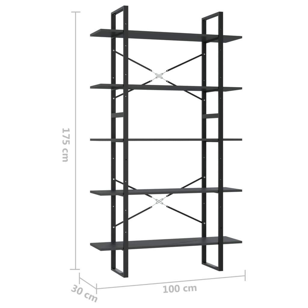 vidaXL Libreria a 5 Ripiani Grigia 100x30x175 cm in Legno Multistrato