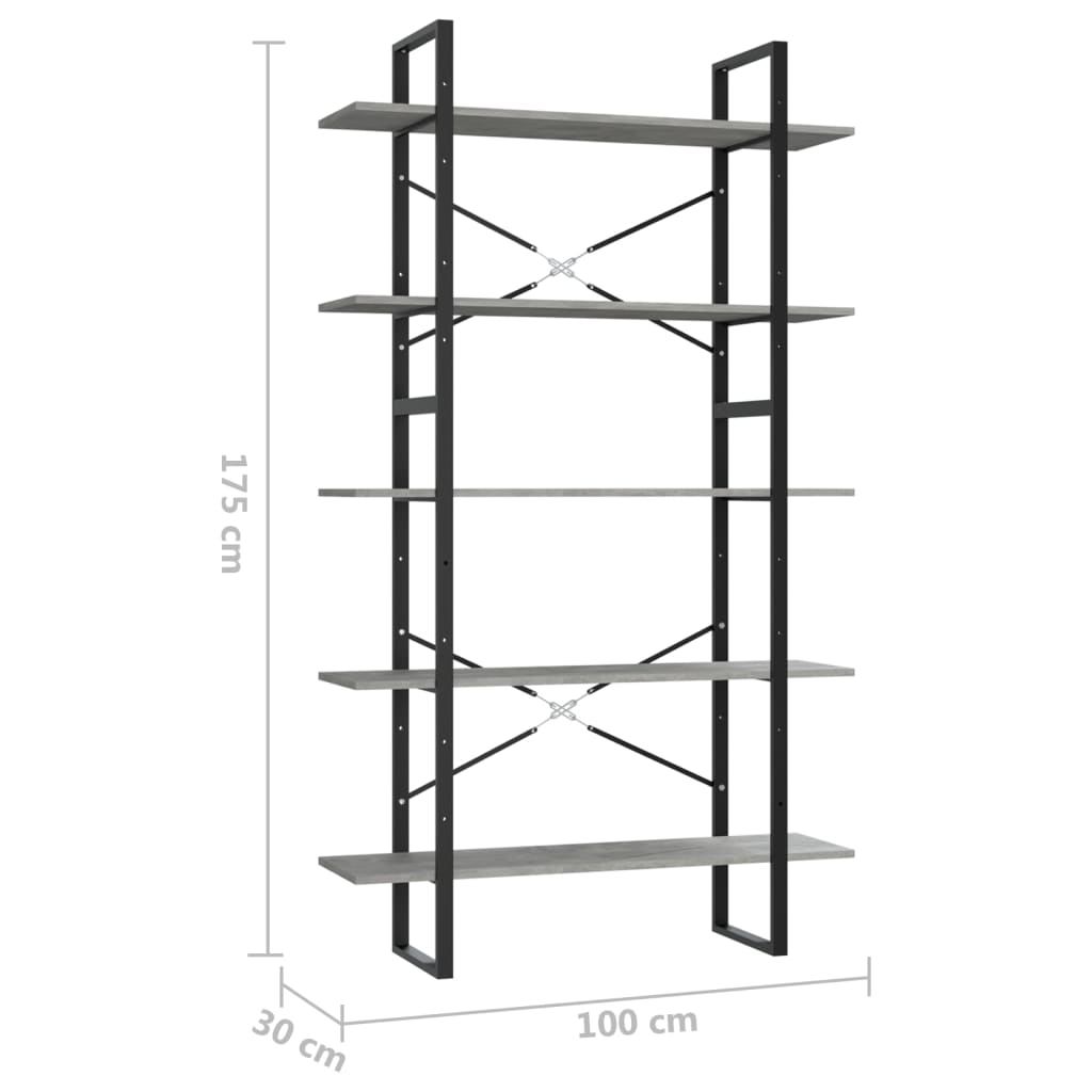 vidaXL Libreria a 5 Ripiani Grigio Cemento 100x30x175cm in Multistrato