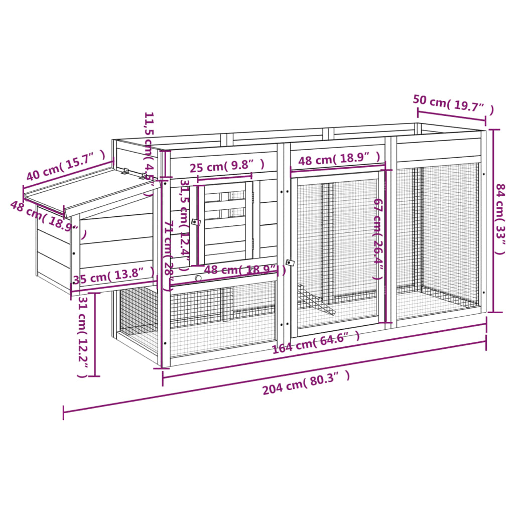 vidaXL Pollaio Moka 204x50x84 cm in Legno Massello di Pino