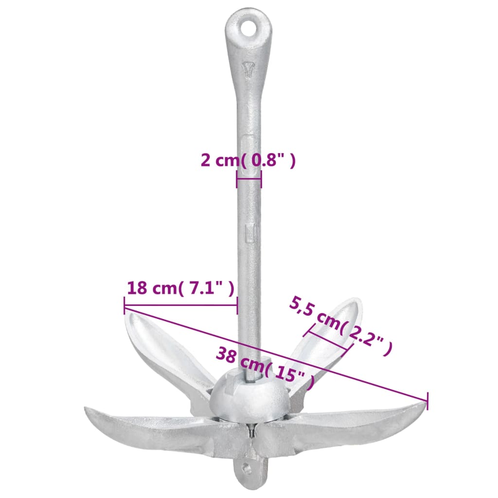 vidaXL Ancora Pieghevole con Corda Argento 4 kg Ghisa Zincata a Caldo