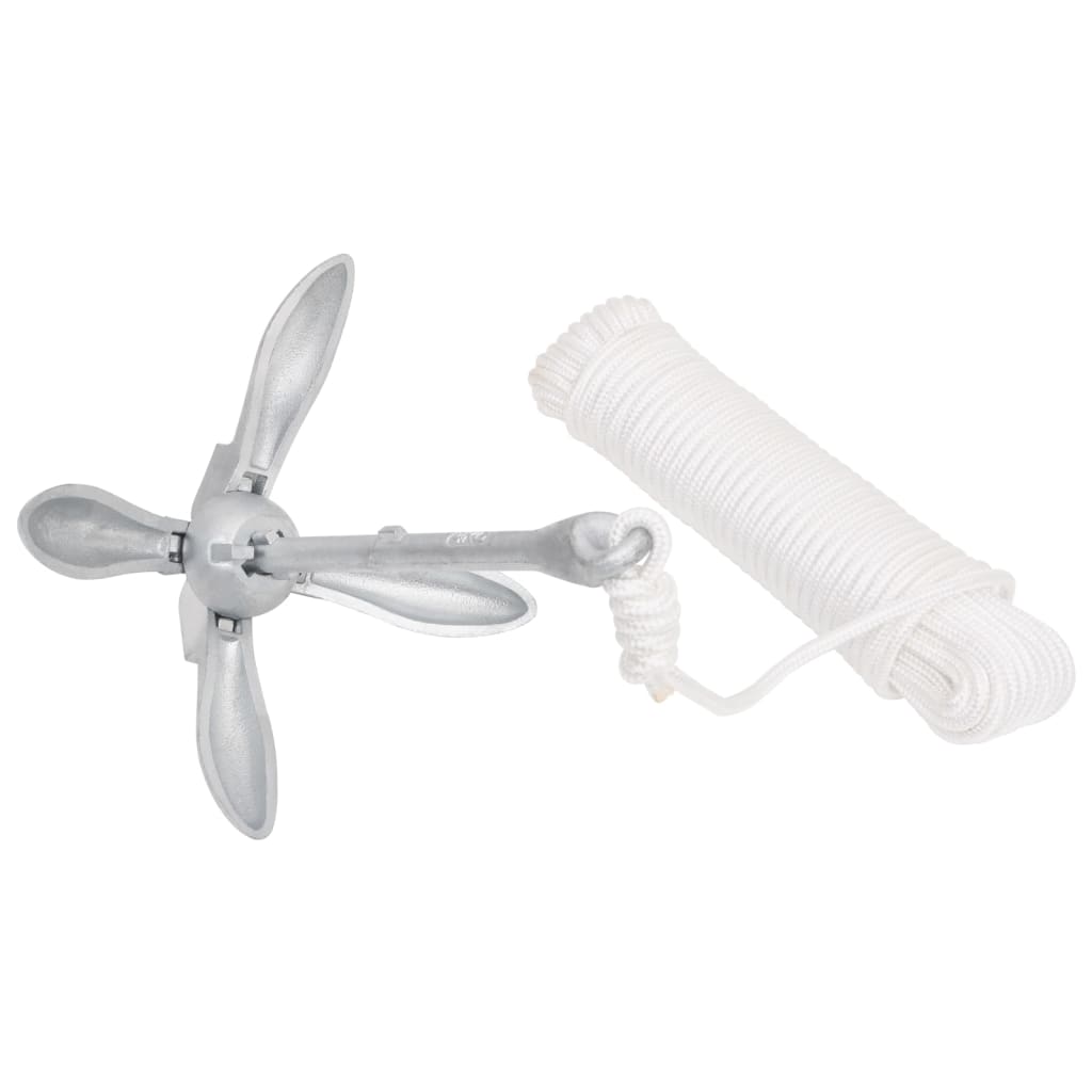 vidaXL Ancora Pieghevole con Corda Argento 4 kg Ghisa Zincata a Caldo
