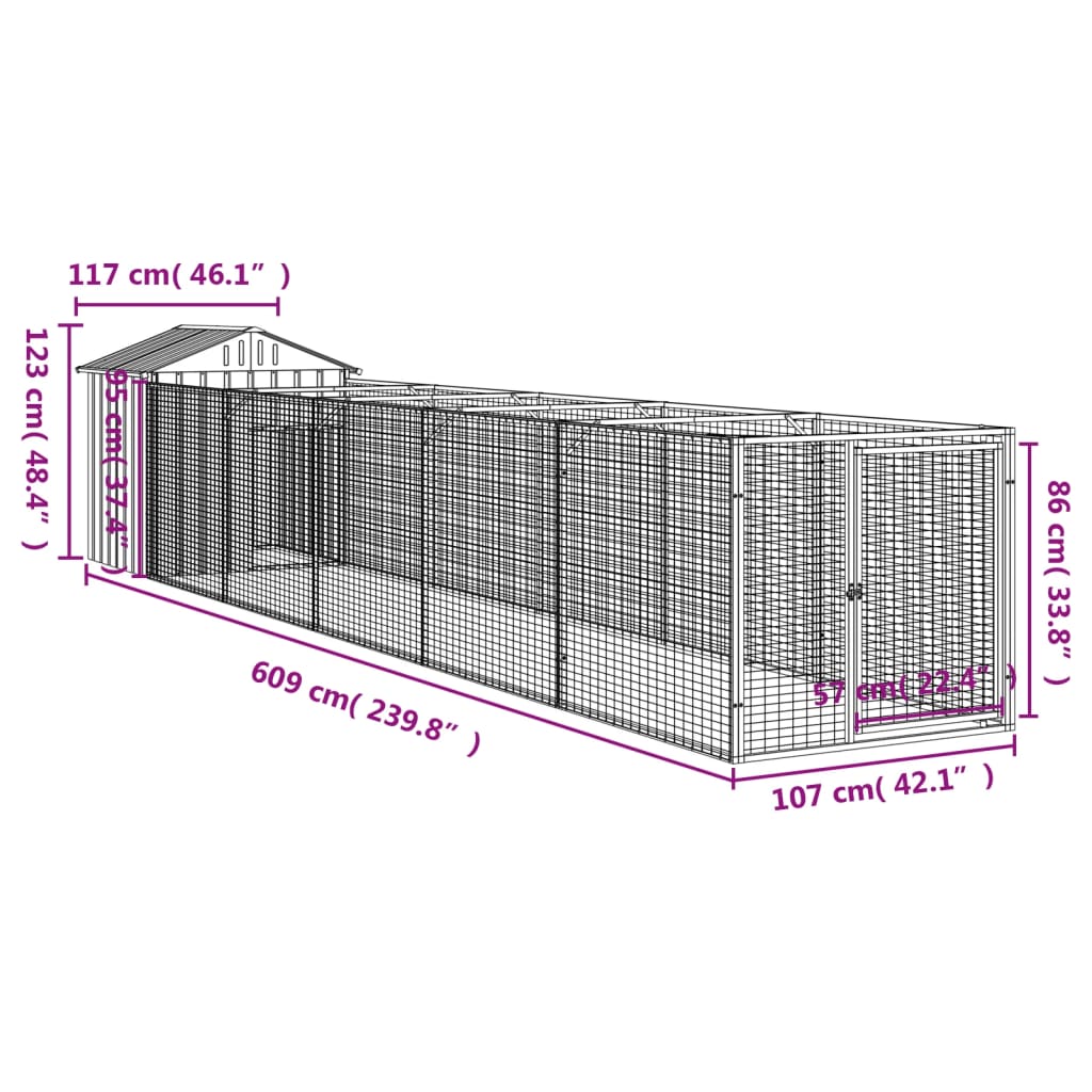 vidaXL Casetta Cani Tetto Grigio Chiaro 117x609x123 cm Acciaio Zincato