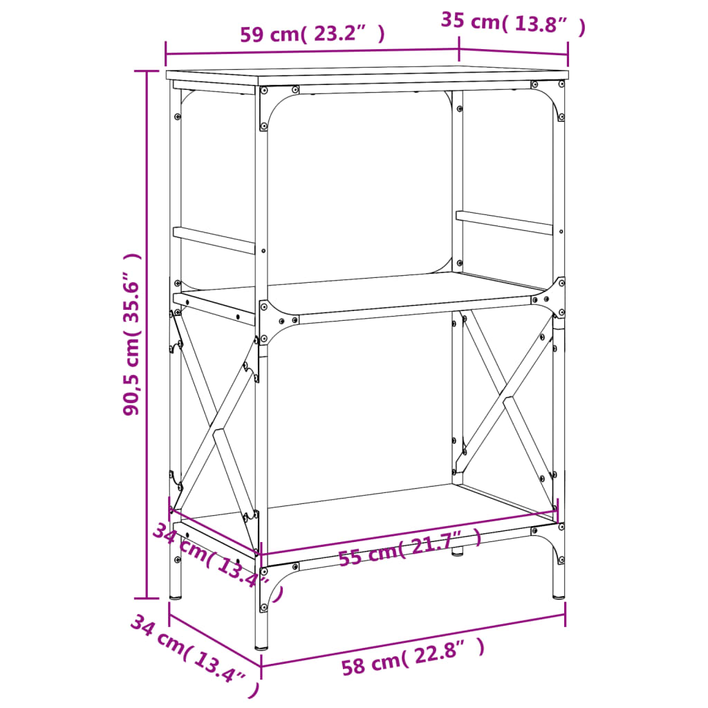 vidaXL Libreria 3 Ripiani Grigio Sonoma 59x35x90,5cm Legno Multistrato VIDAXL