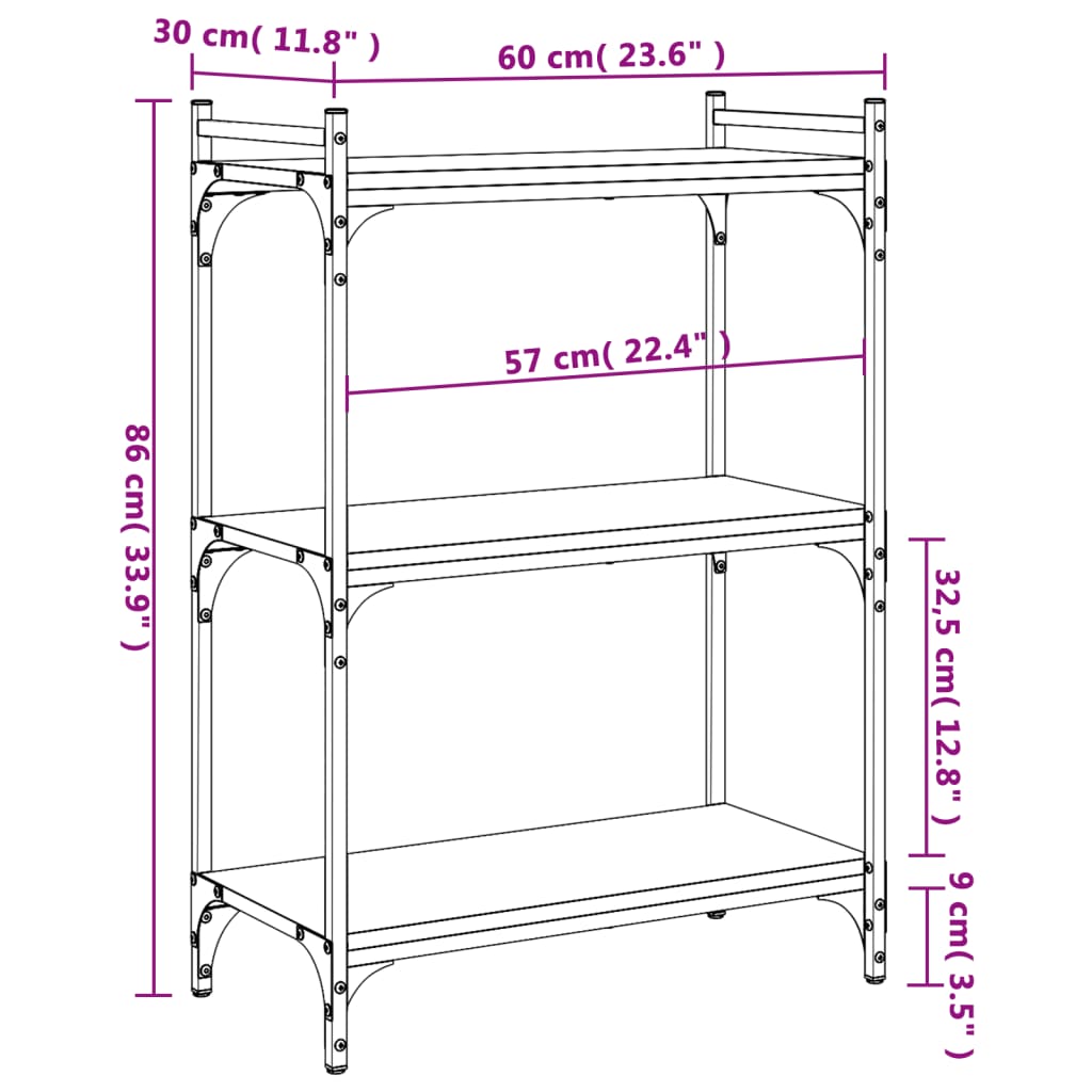 vidaXL Libreria a 3 Ripiani Nera 60x30x86 cm in Legno Multistrato