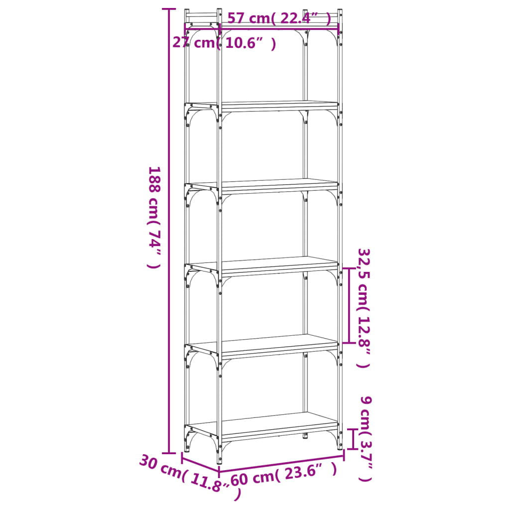 vidaXL Libreria a 6 Ripiani Nera 60x30x188 cm in Legno Multistrato VIDAXL