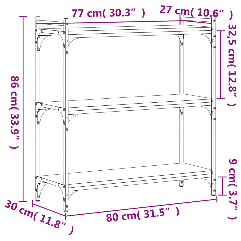 vidaXL Libreria a 3 Ripiani Grigio Sonoma 80x30x86cm Legno Multistrato