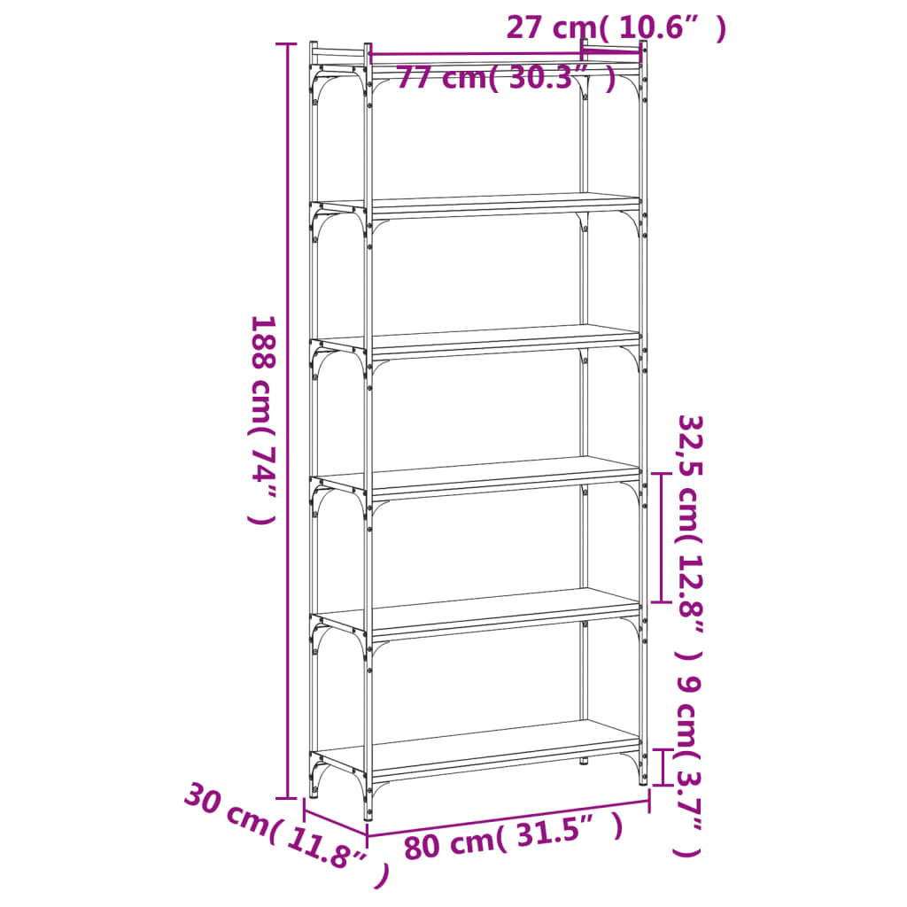 vidaXL Libreria 6 Ripiani Grigio Sonoma 80x30x188cm Legno Multistrato