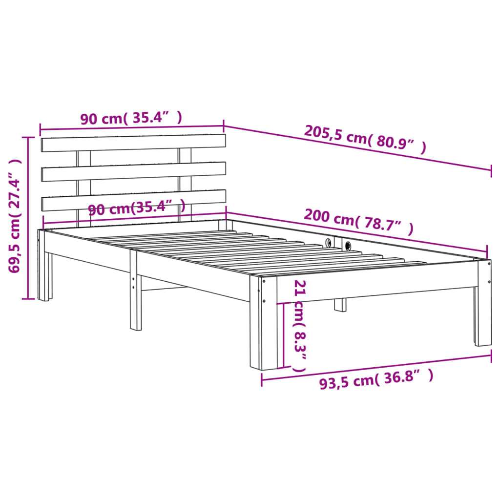 vidaXL Letto senza Materasso Marrone Cera 90x200 cm Legno di Pino