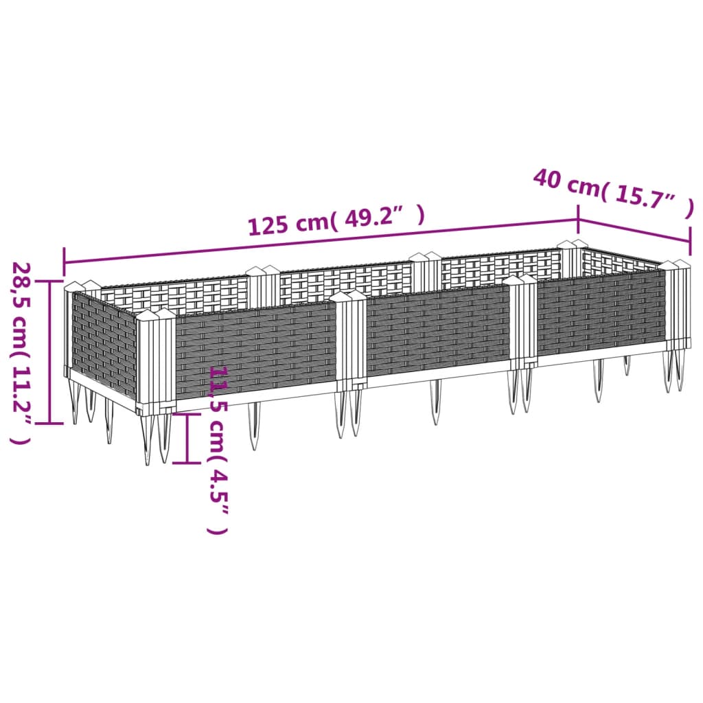 vidaXL Fioriera da Giardino con Picchetti Nera 125x40x28,5 cm PP VIDAXL