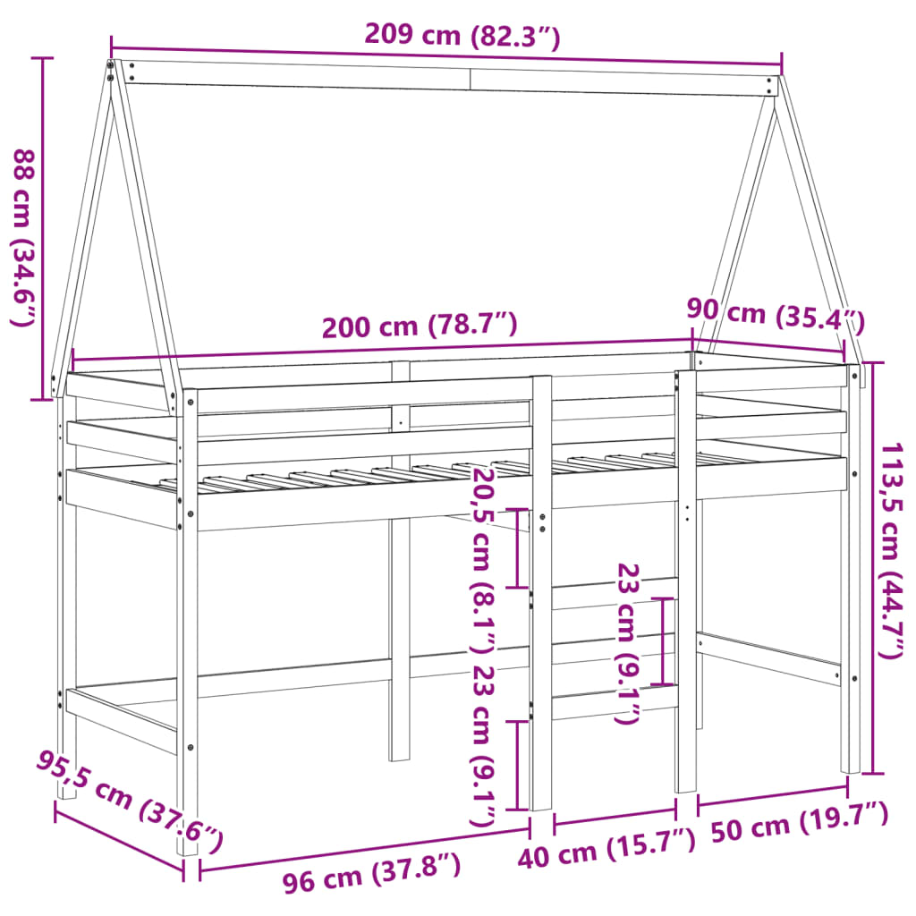 vidaXL Letto Soppalco con Scala e Tetto 90x200 cm Legno Massello Pino