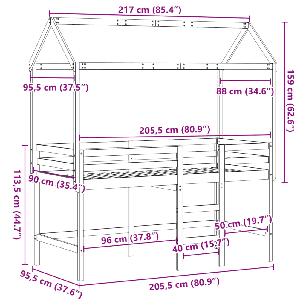 vidaXL Letto Soppalco con Scala e Tetto 90x200 cm Legno Massello Pino