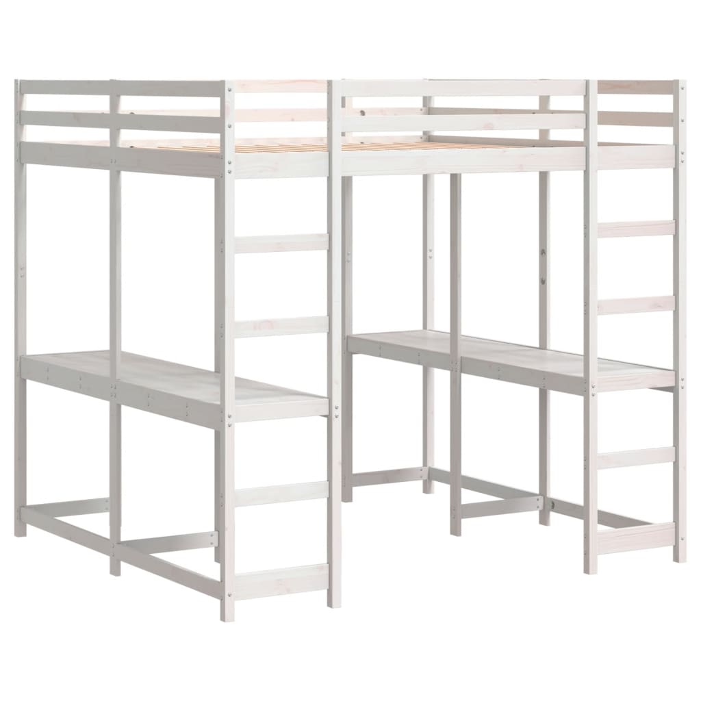 vidaXL Letto Soppalco Scrivania e Scala Bianco 140x200cm Massello Pino