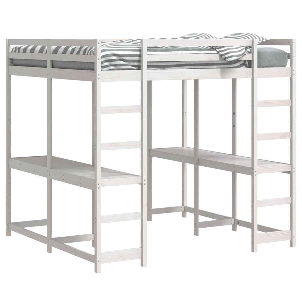 vidaXL Letto Soppalco Scrivania e Scala Bianco 140x200cm Massello Pino