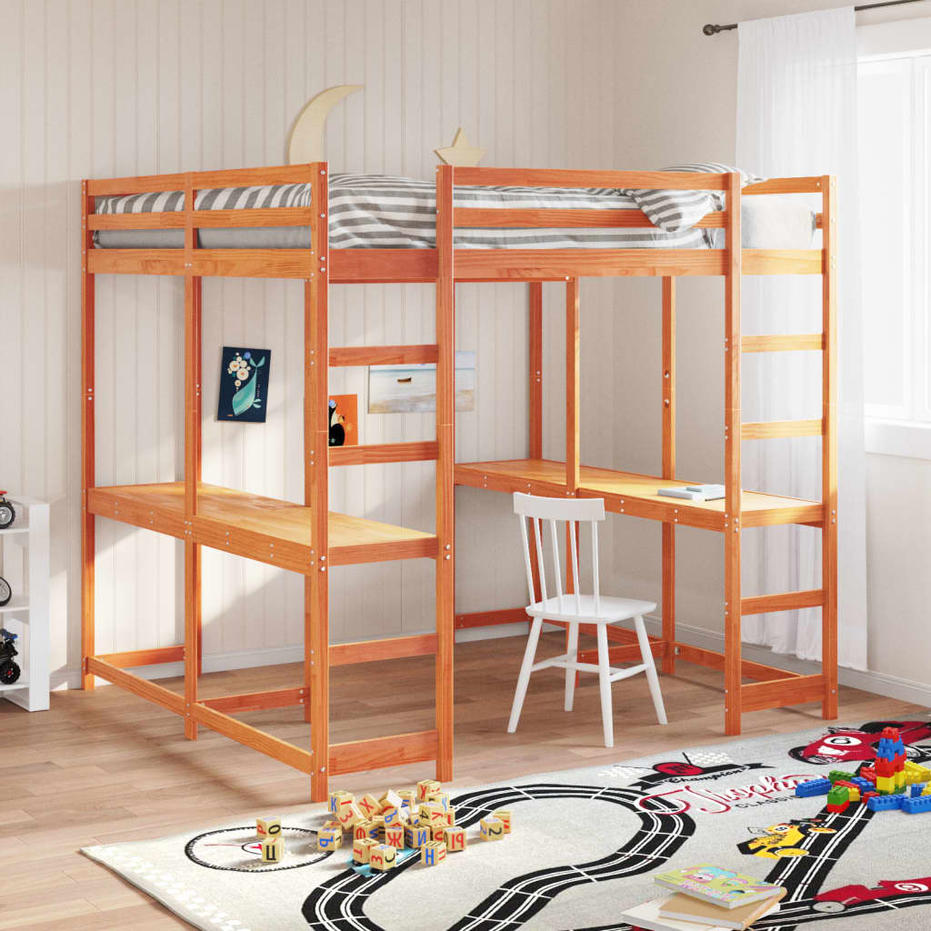 vidaXL Letto Soppalco Scrivania e Scala Marrone Cera 140x200cm Pino VIDAXL