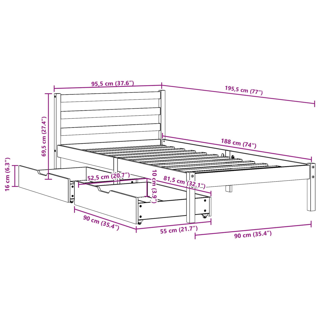 vidaXL Letto senza Materasso Marrone Cera 90x190 cm in Legno di Pino