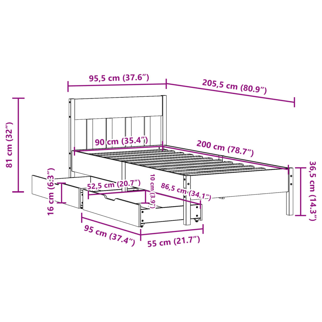 vidaXL Letto senza Materasso Marrone Cera 90x200 cm Legno di Pino