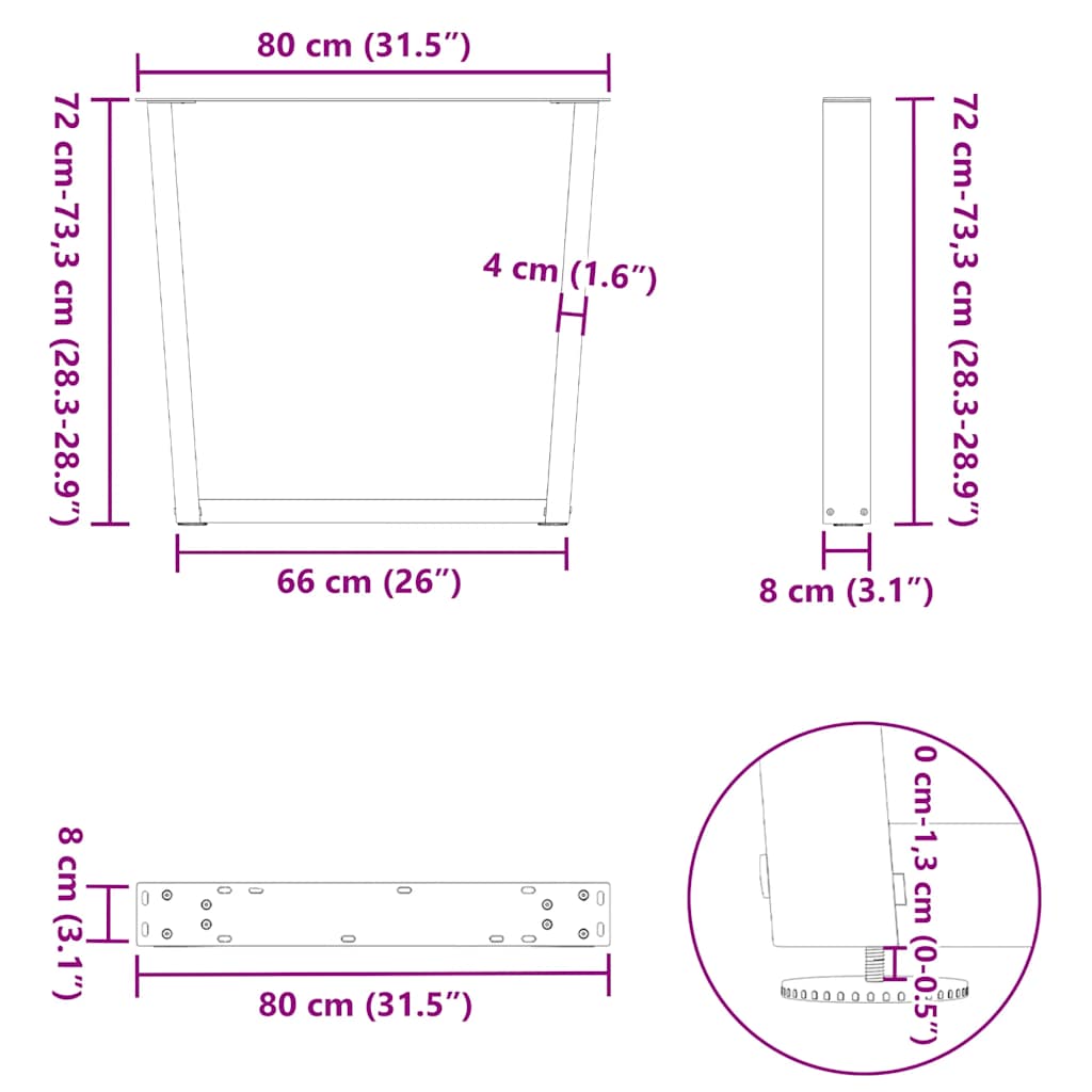 vidaXL Gambe per Tavolo da Pranzo a V 2 pz Nero 80x(72-73,3)cm Acciaio
