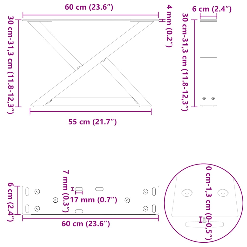 vidaXL Gambe per Tavolino 2 pz Nero 60x(30-31,3) cm in Acciaio