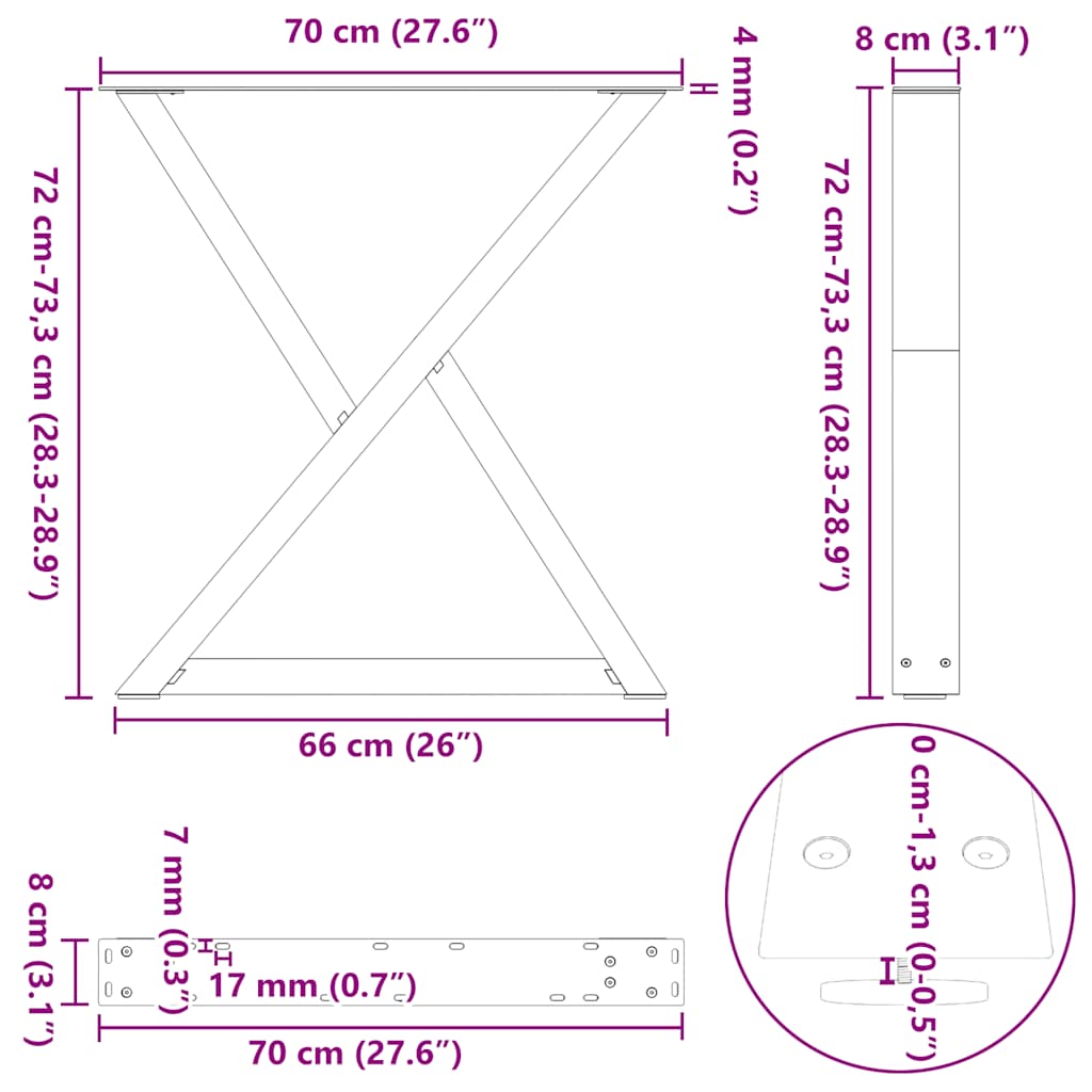 vidaXL Gambe per Tavolo da Pranzo 2 pz Bianco 70x(72-73,3) cm Acciaio