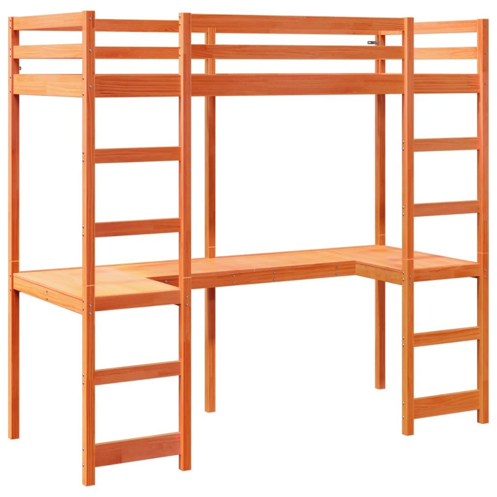 vidaXL Letto Soppalco con Scrivania Marrone Cera 90x200 cm Legno Pino