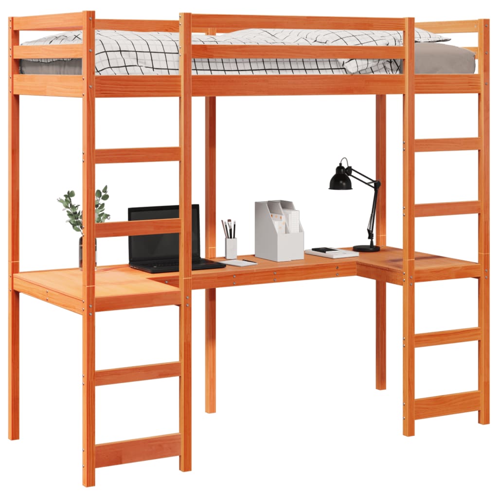 vidaXL Letto Soppalco con Scrivania Marrone Cera 90x200 cm Legno Pino