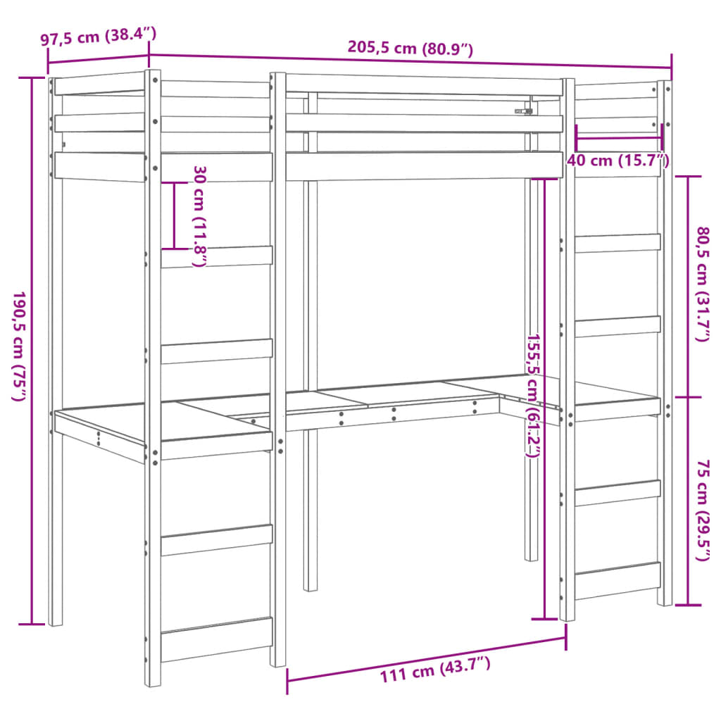 vidaXL Letto Soppalco con Scrivania Marrone Cera 90x200 cm Legno Pino