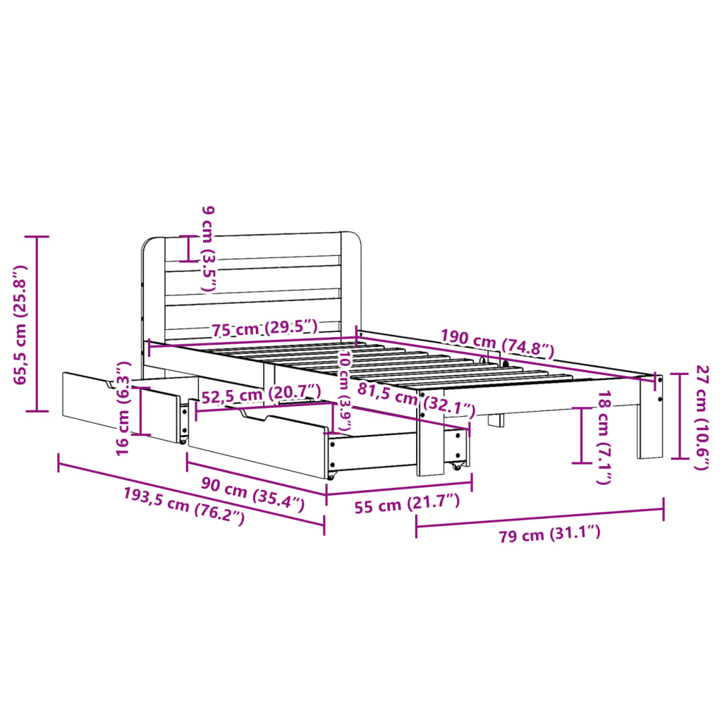 vidaXL Letto senza Materasso Marrone Cera 75x190 cm in Legno di Pino VIDAXL
