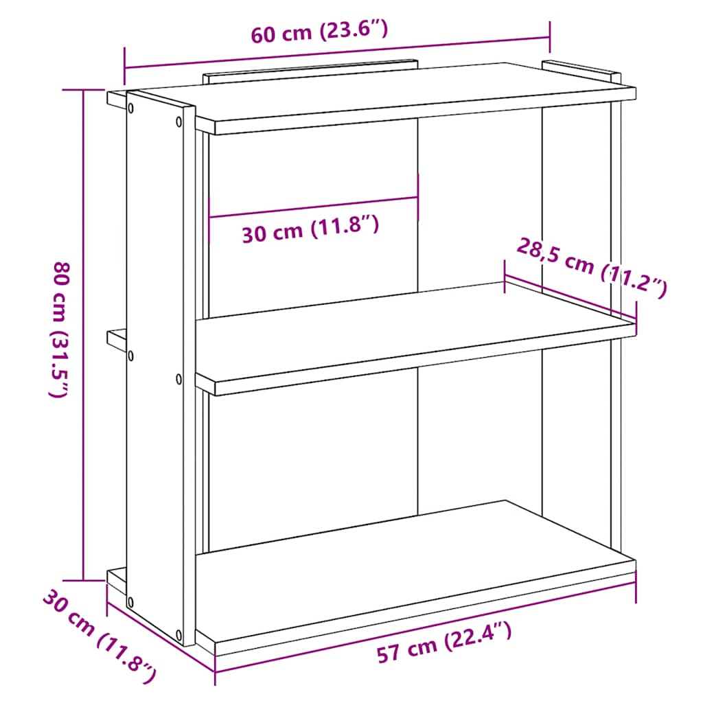 vidaXL Libreria a 3 Ripiani Rovere 60x30x80 cm Legno Multistrato VIDAXL