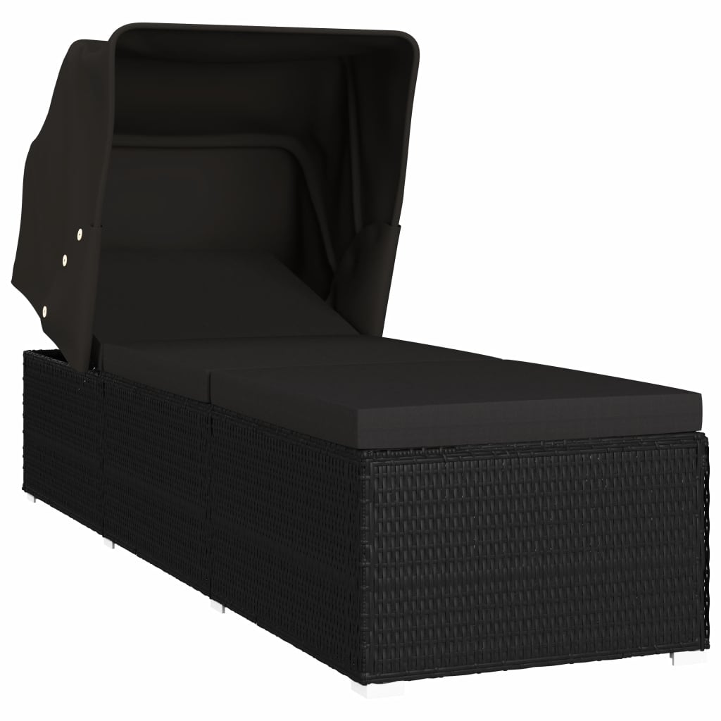 vidaXL Lettino Prendisole con Tettuccio e Cuscino in Polyrattan Nero