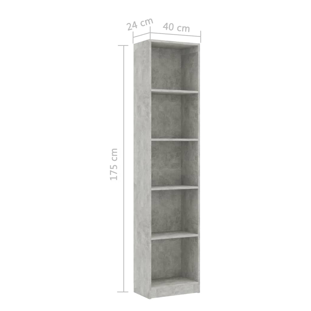 vidaXL Libreria 5 Ripiani Grigio Cemento 40x24x175cm Legno Multistrato