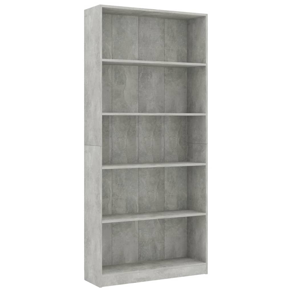 vidaXL Libreria 5 Ripiani Grigio Cemento 80x24x175cm Legno Multistrato VIDAXL