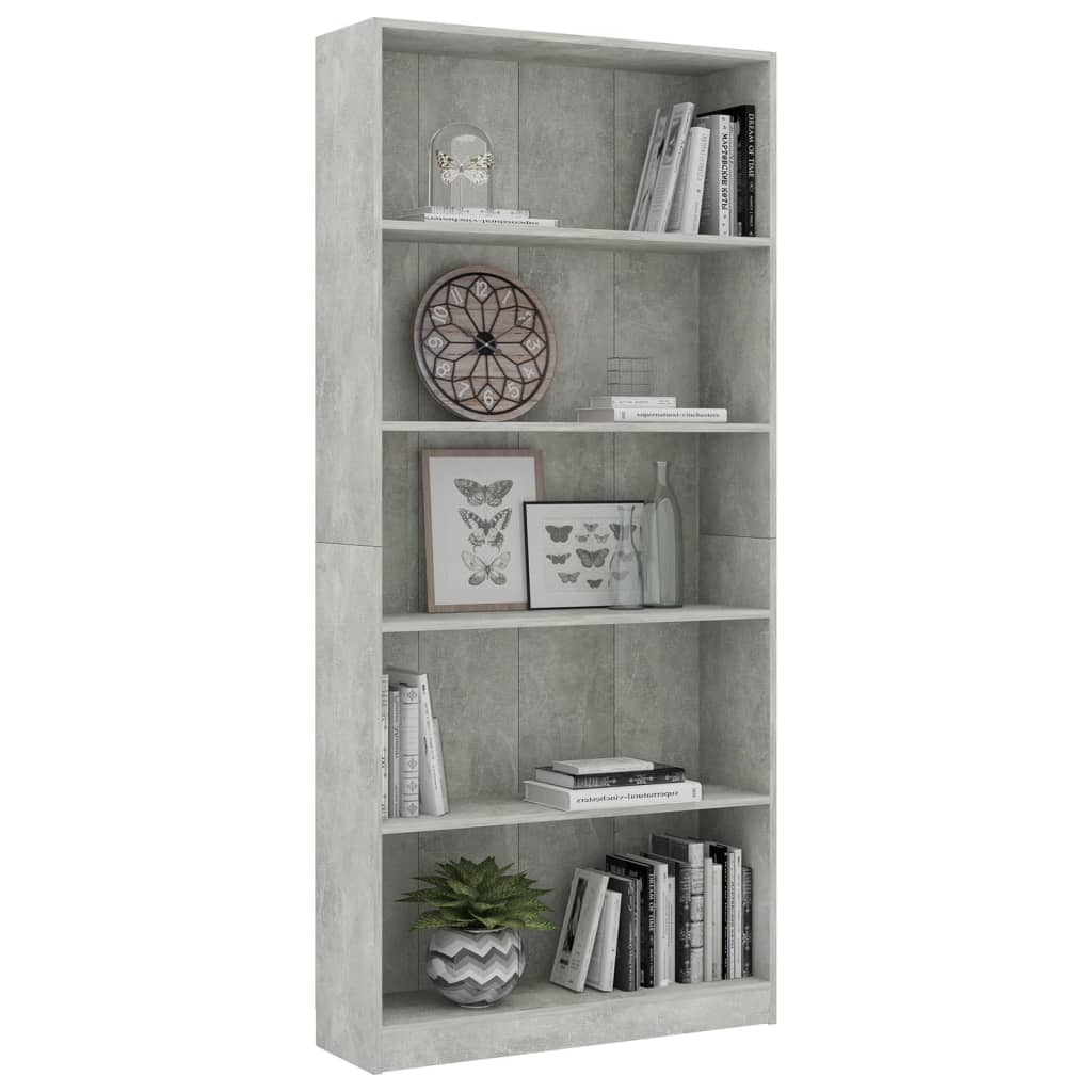 vidaXL Libreria 5 Ripiani Grigio Cemento 80x24x175cm Legno Multistrato VIDAXL