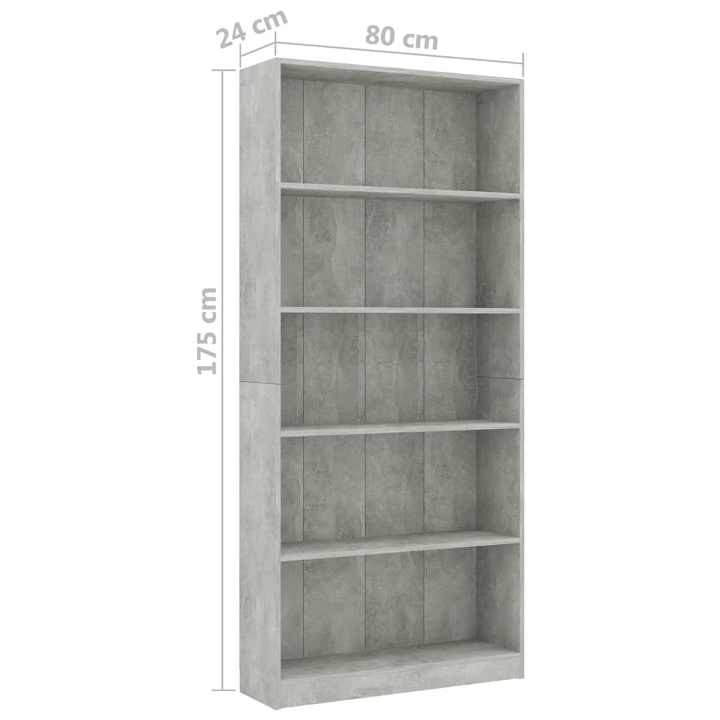 vidaXL Libreria 5 Ripiani Grigio Cemento 80x24x175cm Legno Multistrato VIDAXL