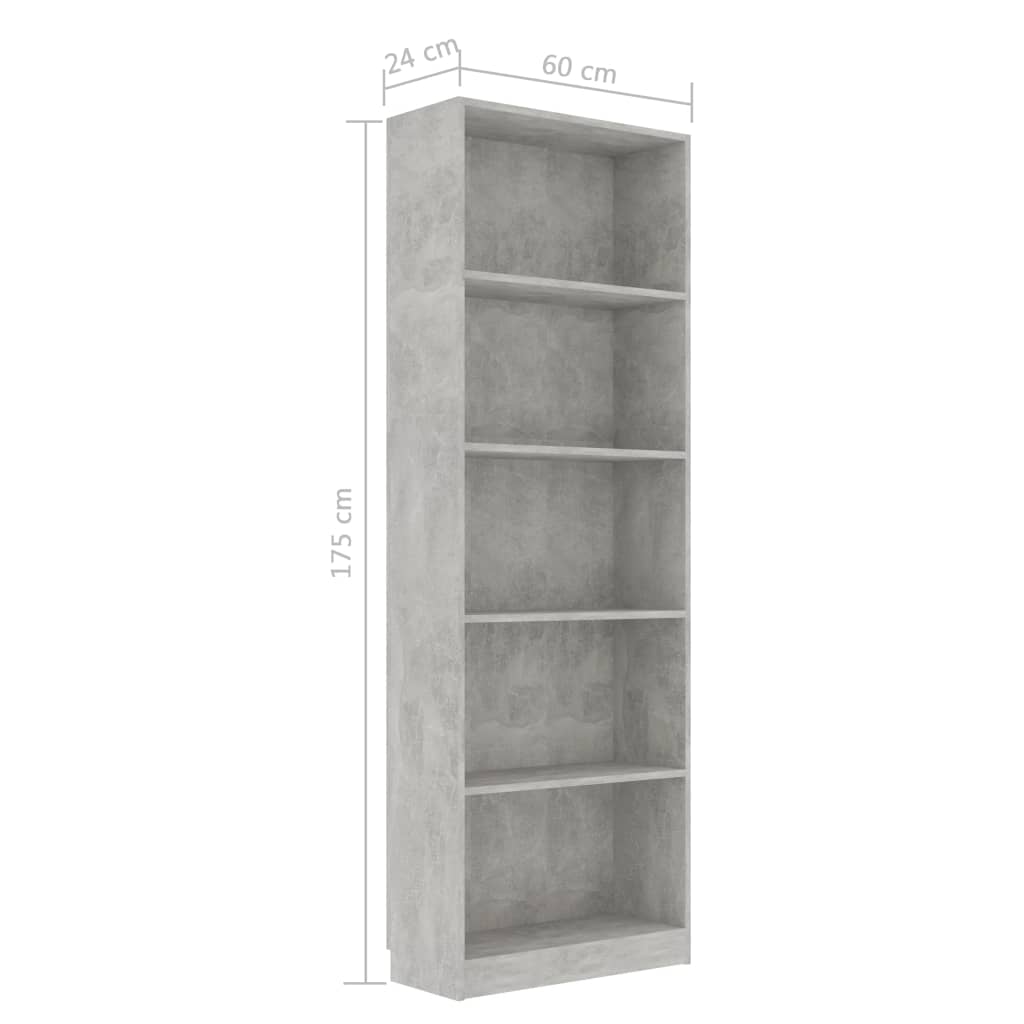 vidaXL Libreria 5 Ripiani Grigio Cemento 60x24x175cm Legno Multistrato
