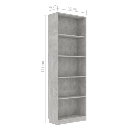 vidaXL Libreria 5 Ripiani Grigio Cemento 60x24x175cm Legno Multistrato