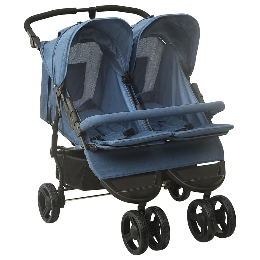 vidaXL Passeggino Gemellare Blu Marino in Acciaio